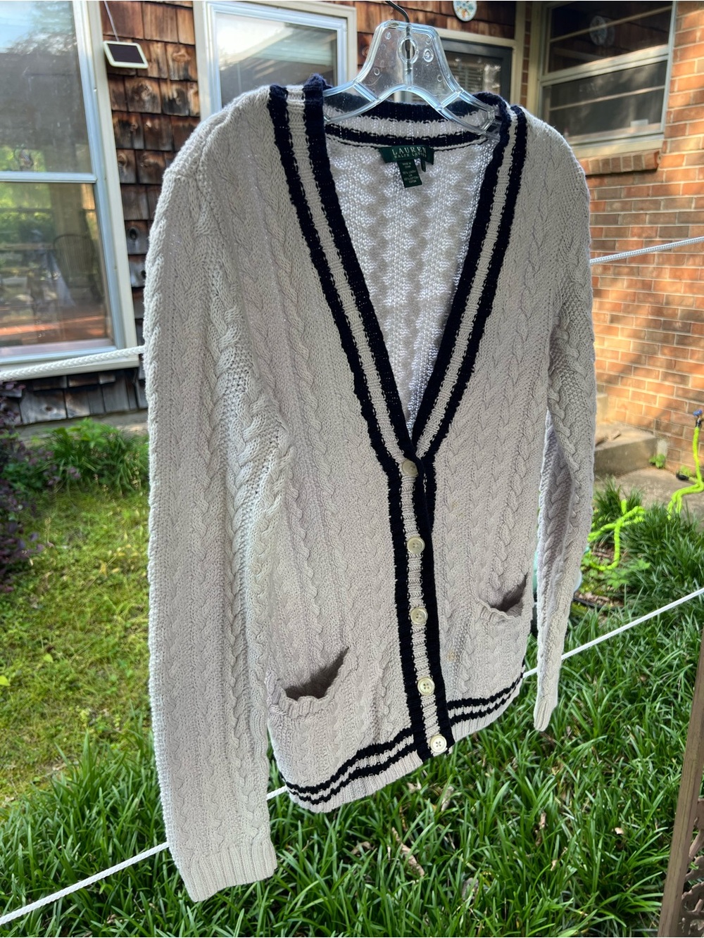 Ralph Lauren Women’s Cable-Knit Cardigan with Navy Trim - Picture 4 of 6